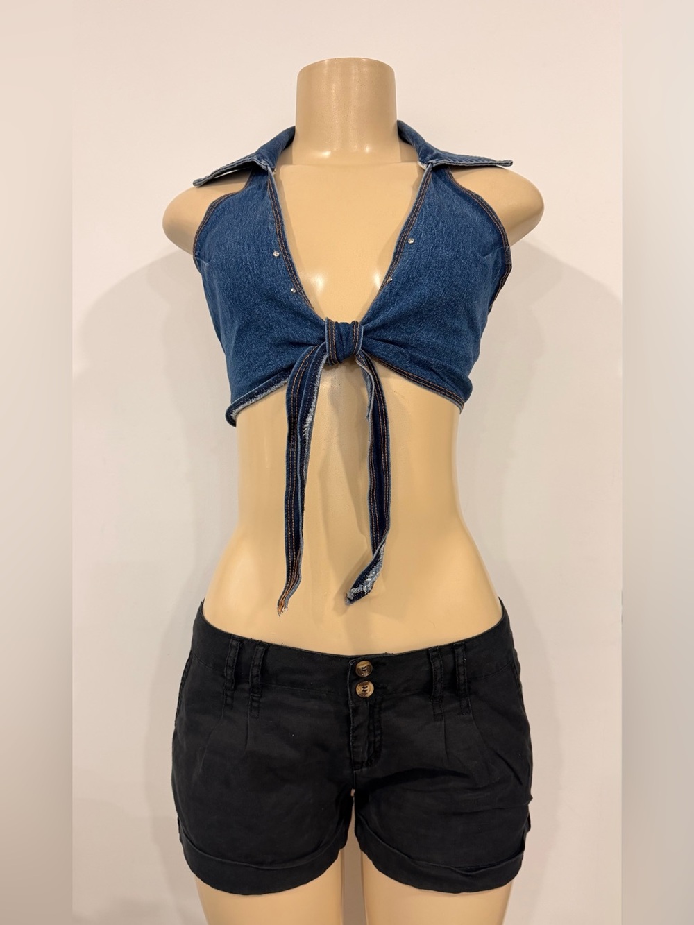 Dark Blue Denim Tie-Front Crop Top with Collar - Picture 3 of 5